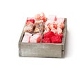 Assortment turkish delight in wooden box isolated on white Royalty Free Stock Photo
