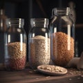 Assortment of uncooked cereals in glass jars in the kitchen. AI generative