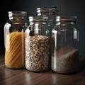 Assortment of uncooked cereals and pastas in glass jars. AI generative