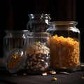 Assortment of uncooked cereals and pastas in glass jars in the kitchen. AI generative