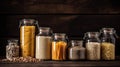 Assortment of uncooked grains, cereals and pasta in glass jars on wooden table