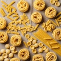 An assortment of uncooked pasta varieties displayed on a beige fabric Royalty Free Stock Photo