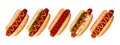 Hot dogs with a variety of toppings in sesame seed buns isolated on white Royalty Free Stock Photo