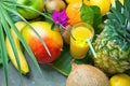 Variety of Tropical Seasonal Summer Fruits Pineapple Mango Oranges Lemons Kiwi Coconut Bananas Glass of Fresh Juice on Palm Leaf