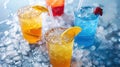 Assortment of various beverages served in crushed ice, creating a refreshing and visually appealing display. Ai Generated Royalty Free Stock Photo
