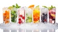 Assortment of various beverages served in crushed ice, creating a refreshing and visually appealing display. Ai Generated Royalty Free Stock Photo