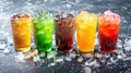 Assortment of various beverages served in crushed ice, creating a refreshing and visually appealing display. Ai Generated Royalty Free Stock Photo
