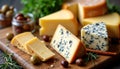 Assortment of various cheeses displayed on wooden board. Different types of cheese presented in slices on wood surface. Olives,