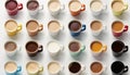 Assortment of various coffee mugs arranged in an overhead view on a white stone table Royalty Free Stock Photo