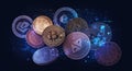 Assortment of various cryptocurrency coins with distinctive logos including Royalty Free Stock Photo