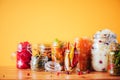 Assortment of various fermented and marinated food over wooden background, copy space. Fermented vegetables, sauerkraut