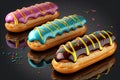 Assortment of various french eclairs, freshly baked. Generative AI