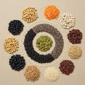 Assortment of various grains and seeds arranged in a circular pattern on a beige Royalty Free Stock Photo