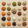 An assortment of various grains and seeds is displayed on a beige surface, arranged Royalty Free Stock Photo