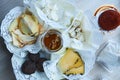 An assortment of various hard and soft French and Italian cheeses from ecological products. Cheese-making technologies Royalty Free Stock Photo