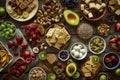 Assortment of various healthy snacks laid out on the table, captured from above for a top down view Royalty Free Stock Photo
