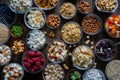 Assortment of various healthy snacks laid out on table, top view for nutritious snack options Royalty Free Stock Photo