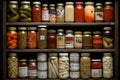 Assortment of various preserved pickled vegetables and canned goods on display shelf Royalty Free Stock Photo