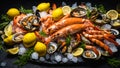 Assortment of various raw seafood, shrimp, crab, oysters, mussels, gastronomy , delicious gastronomy a dark background