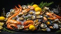 Assortment of various raw seafood, shrimp, crab, oysters, mussels, gourmet , delicious gastronomy a dark background