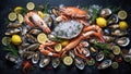 Assortment of various raw seafood, shrimp, crab, oysters, mussels, ice, on a dark background