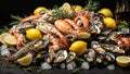 Assortment of various raw seafood, shrimp, crab, oysters, mussels, rosemary , delicious gastronomy a dark background