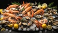 Assortment of various raw seafood, shrimp, crab, oysters, mussels, rosemary , gastronomy a dark background