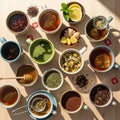 An assortment of various teas is arranged attractively on a light Royalty Free Stock Photo