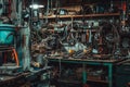 An assortment of various tools cluttering a workspace filled with pipes and equipment, A messy workspace cluttered with pipes and