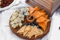 Assortment, various, types, cheese, wooden, board, white, background Royalty Free Stock Photo