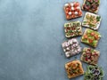 Assortment vegan sandwiches on gray stone background