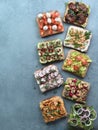 Assortment vegan sandwiches on gray stone background