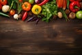 Assortment of vegetables, herbs and spices on wooden table. Royalty Free Stock Photo