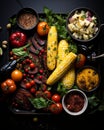 an assortment of vegetables and meat on a black tray