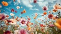 An assortment of vibrant blooming flowers with a blue sky background