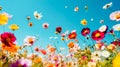 An assortment of vibrant blooming flowers with a blue sky background