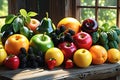 Assortment of vibrant fresh fruits and vegetables, dew-covered and bathed in natural sunlight, arranged attractively Royalty Free Stock Photo