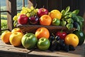 Assortment of vibrant fresh fruits and vegetables, dew-covered and bathed in natural sunlight, arranged attractively Royalty Free Stock Photo