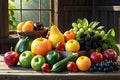 Assortment of vibrant fresh fruits and vegetables, dew-covered and bathed in natural sunlight, arranged attractively Royalty Free Stock Photo