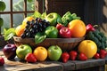 Assortment of vibrant fresh fruits and vegetables, dew-covered and bathed in natural sunlight, arranged attractively