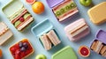 Assortment of vibrant lunchboxes with sandwiches, fruits, and snacks Royalty Free Stock Photo