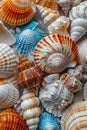 Assortment of vibrant seashells in various shades of blue, orange, and white, highlighting their intricate patterns and natural