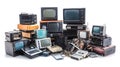 Assortment of vintage televisions and electronic devices isolated on white Royalty Free Stock Photo