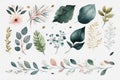 Assortment of watercolor leaves and flowers. Generative ai illustration