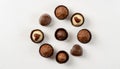 Assortment white, dark and milk chocolate candies. Top view of various delicious chocolate pralines Royalty Free Stock Photo