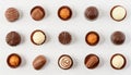 Assortment white, dark and milk chocolate candies. Top view of various delicious chocolate pralines Royalty Free Stock Photo