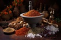 an assortment of whole and ground spices around a marble mortar and pestle Royalty Free Stock Photo