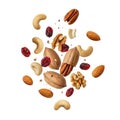Assortment of whole and halved nuts and dried berries levitating against a white background Royalty Free Stock Photo
