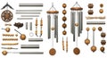 Assortment of wind chime components displayed against a white background. Royalty Free Stock Photo