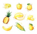 Assortment of yellow foods, watercolor fruit and vegtables Royalty Free Stock Photo